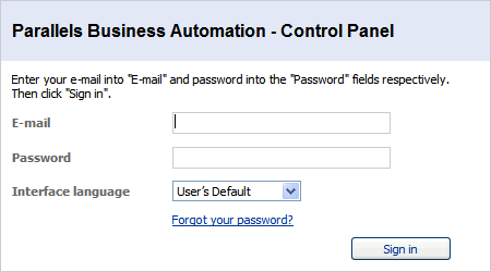 Parallels Sign In form